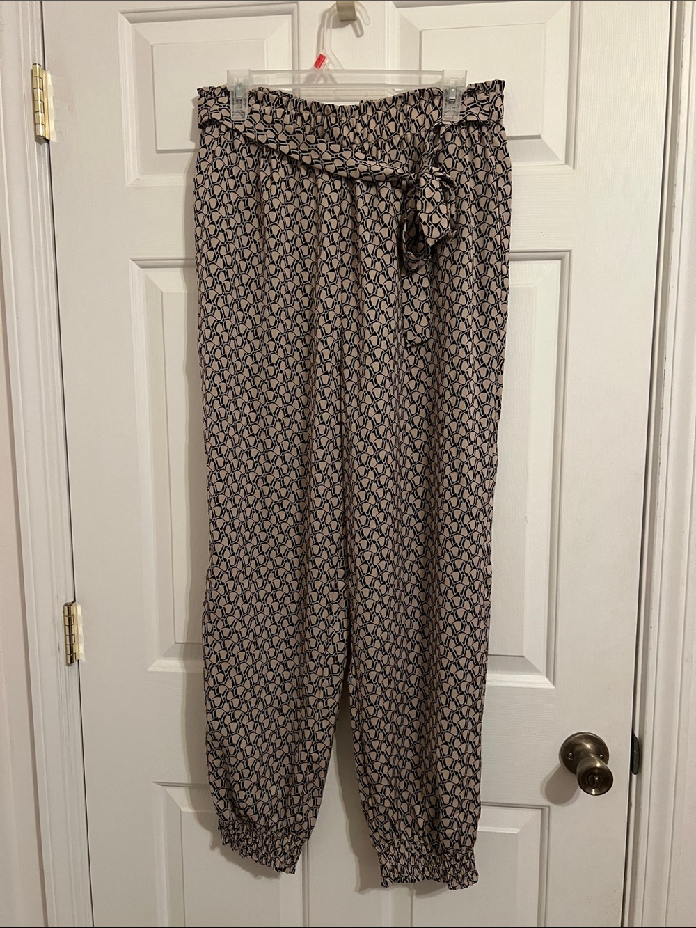 Women’s Beige Patterned Paperbag Waist Jumpsuit Pants